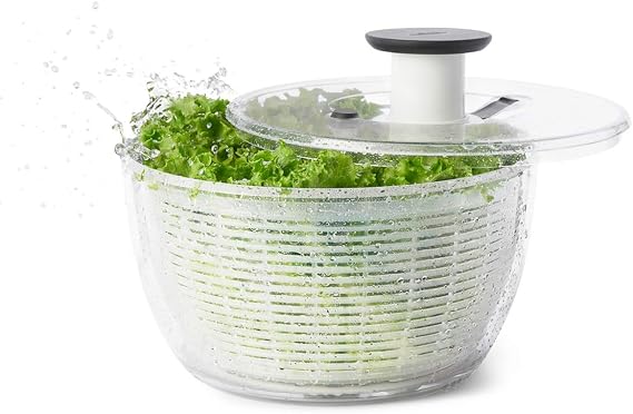 OXO Salad Spinner, Vegetable Colander, Large, Round, For 4+ People, Prep Station, 10.6 x 10.6 x 6.1 inches 27 x 27 x 15.5 cm, Dishwasher and Dryer Safe Low Temperature Setting