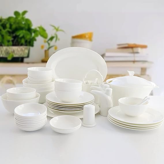 Bone China Dinnerware Set Round White Porcelain Dinner and Dinnerware Set with Cereal and Pasta Bowl Dessert and Soup Plates Fish Plates Microwave and Oven Safe (56 Pieces)