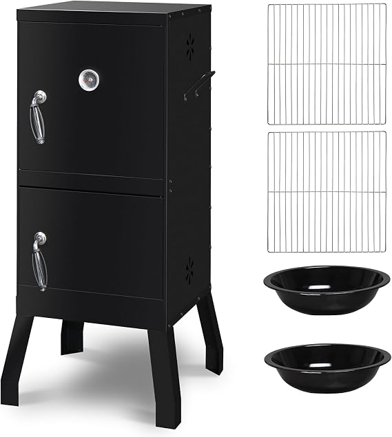 Outvita Vertical Charcoal Smoker with Double Doors, 2 Grill Racks, Black