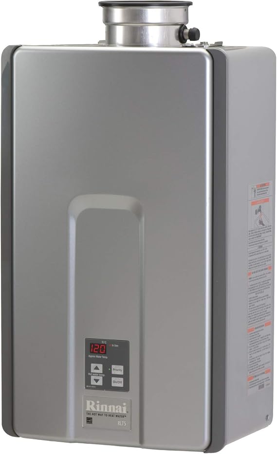 Rinnai RL75IN Tankless Hot Water Heater, 7.5 GPM, Natural Gas, Indoor Installation