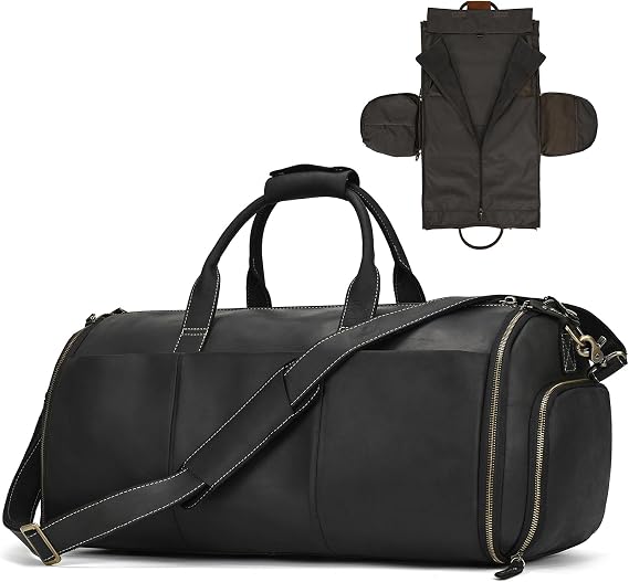 LUUFAN Full-grain Leather Garment Bag Large Capacity Travel Bag Business Suit Carrier Bag with Shoe Compartment, Overnight Gym Sports Duffel Bags for Men Women, Black
