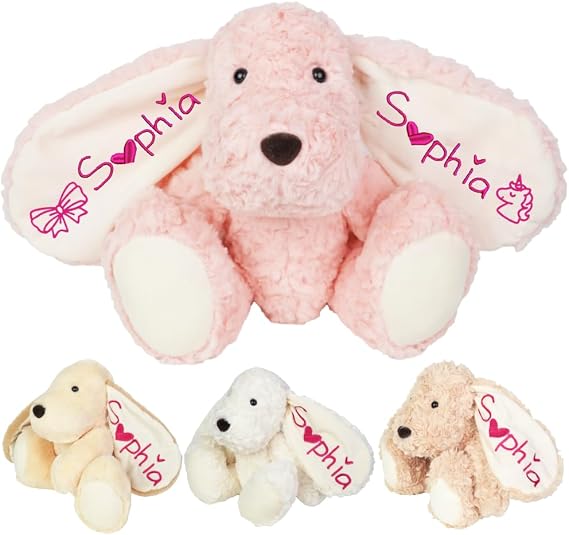 BeneCharm Personalized Dog Plush Stuffed Animal with Embroideried Name Custom Toddler Stuffed Dog Toys Kids Plush Puppy Toys Personalized Baby Girls Boys Newborn Gifts (Dog)