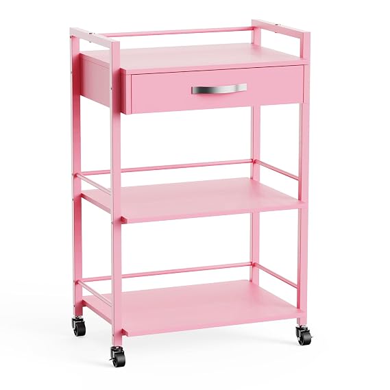 OmySalon Salon Trolley Cart with Wheels, Esthetician Cart with 1 Drawer & 2 Trays, Mobile Storage Organizer for Beauty Spa Massage Tattoo Esthetic Facial Tool Holder Station, Pink