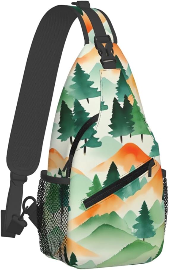 SWEET TANG Fashion Sling Backpack for Men Women, Sling Shoulder Bag, Outdoor Chest Crossbody Bike Gym Runner Daypack with Adjustable Strap, Mountains Landscape Watercolor Green And Orange Print