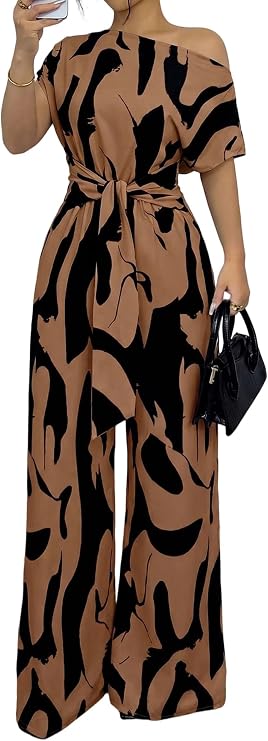 Women's Off Shoulder Jumpsuits One Piece Romper Outfits wide leg jumpsuits Casual Cinched Waist Vacation Clothes