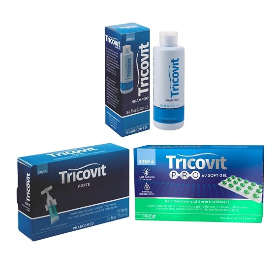 Tricovit Shampoo + Pro Supplements + Forte Lotion - Hair Growth Shampoo (8.4 oz), Pro Hair Nutrition & Growth Hair Supplement (60 gels), Forte Hair Lotion with Androgen and DHT Blockers (10 packs)