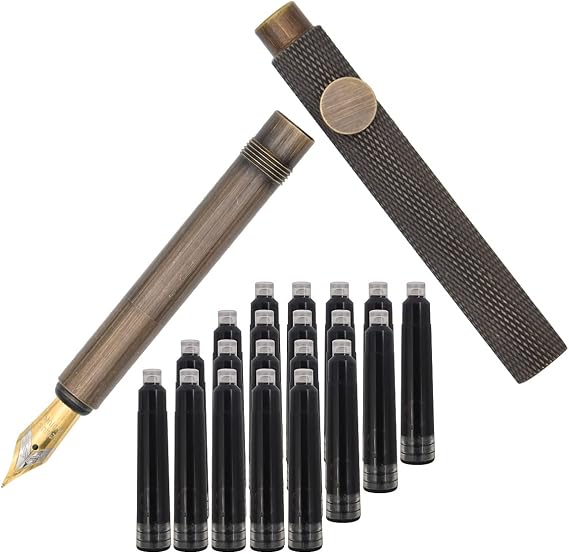 Brass Stripes Fountain Pen (85mm) Short Paragraph Pocket Mini Travel Pen with 20 Pcs Black Ink Cartridges