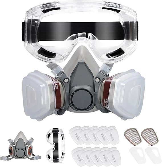 Professional Reusable Half Face Respirator Mask – Gas & Dust Proof Cover with 20 Replaceable Filters – Adjustable Safety Goggles for Painting Welding Woodwork