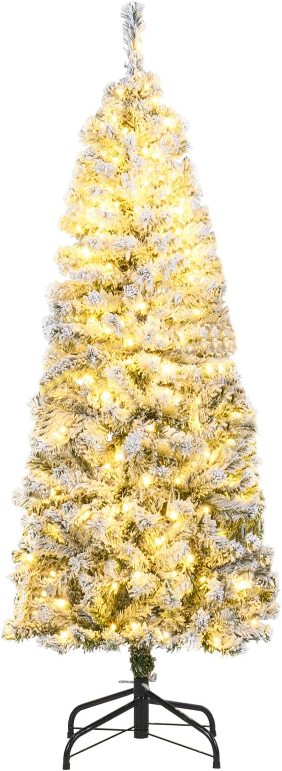 COSTWAY 5ft/6ft Pre-lit Snow Flocked Christmas Tree, Hinged Artificial Slim Pencil Xmas Tree with Lights, Foldable Metal Stand, Holiday Decoration for Home Office Shop (150 cm)