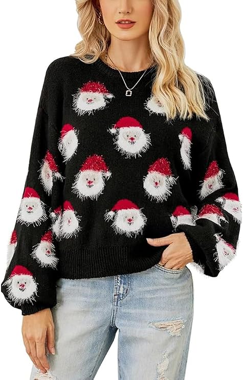 Womens Ugly Christmas Sweater 2024 Santa Funny Xmas Holiday Parties Knitted Pullover Sweater