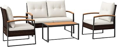 Outsunny 4 Piece Patio Furniture Set with 2 Chairs, Loveseat Sofa, Acacia Wood Top Table & Armrests, Rattan Motifs, Tufted Cushions, Outdoor Conversation Set for Backyard, Lawn and Pool, White