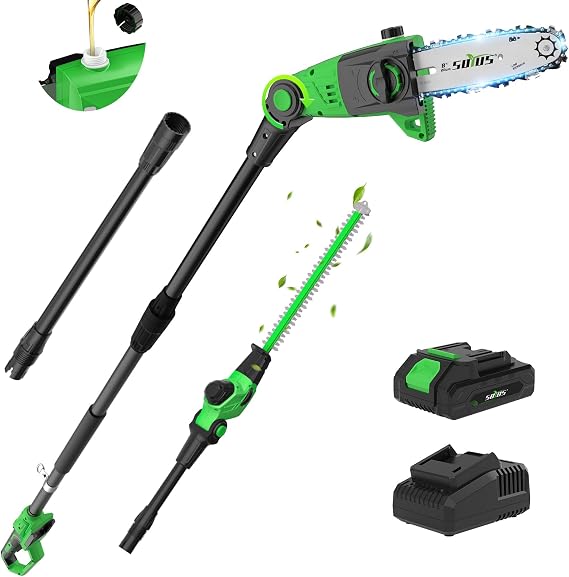 SOYUS 2-in-1 8-Inch Pole Saw and 18-Inch Pole Hedge Trimmer 2.0Ah Battery | 16ft/s Speed,15-Foot Max Reach,Auto Oiling, Multi-Angle, Tool-Free Tensioning, Safety Design