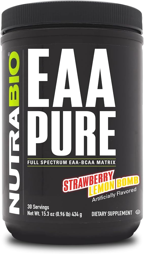 NutraBio EAA Pure 9 Amino Acids Muscle Repair and Recovery, 30 Servings, Strawberry Lemon Bomb Pre or Post Workout All Day Recovery