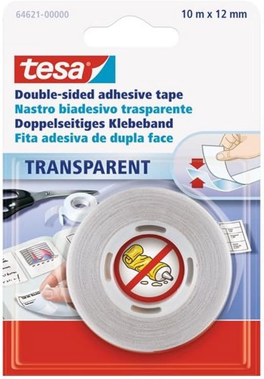 tesa Double-sided Tape, 10m:12mm, Transparent, 1.0mm Thick, Waterproof, for Paper, 1 Piece, 20g Package Weight