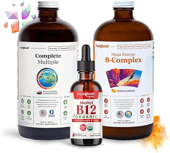 LIQUIDHEALTH High Performance Vitamin Bundle for Adults with Mega Energy B-Complex, Complete Multiple Multivitamin & Organic Vitamin B12 Drops - Boost Natural Energy & Improve Athletic Performance