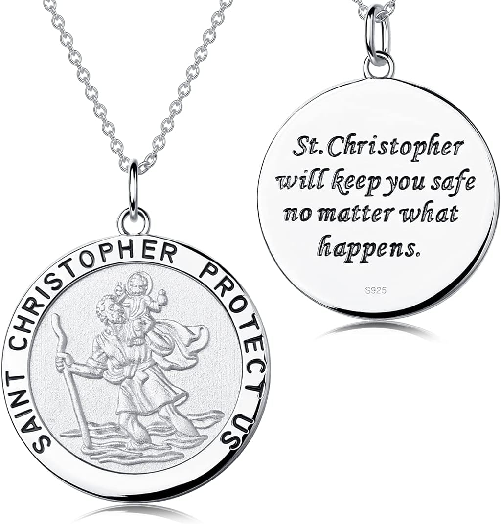 St. Christopher Medal Necklace for Men - Sterling SilverCopper Religious Pendant, Protector Talisman Gift for Travelers