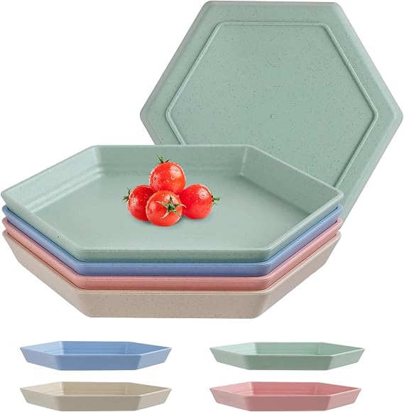 4 Pieces Dinner Plates, Hexagonal Unbreakable Plastic Plates, 4 Pieces Plastic, Set of 4 Reusable Unbreakable