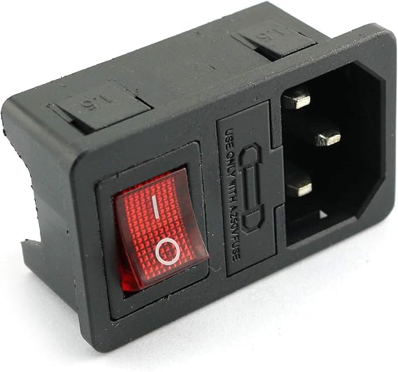 RLECS Male AC Power Plug Socket with Fuse Holder 3-Pin AC-01 Power Inlet Module Connector 10A 250V Rocker Switch with Light 3 In 1