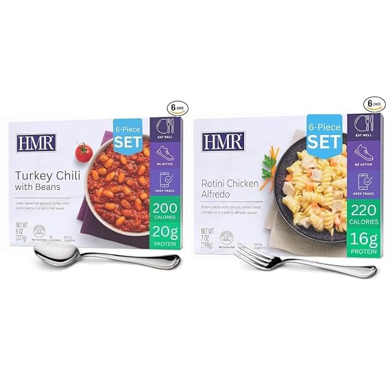 HMR Turkey Chili & Rotini Chicken Alfredo Entrees | Ready-to-Eat Low Calorie Meals | High Protein | Weight Loss Support | 6-Pack Each | 8oz & 7oz Servings