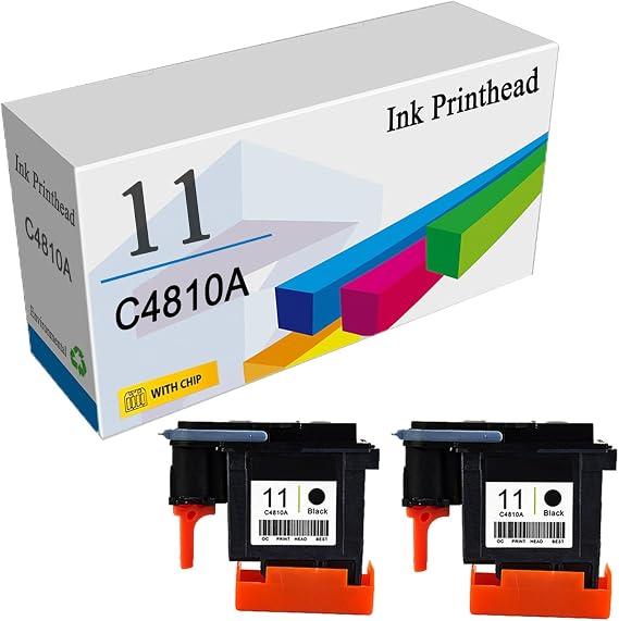 for HP 11 Ink Printhead Replacement C4811A Printhead Use to Designjet 500 510 800 1000 1100 1200dtn 2230 2280 2300 500ps 2600 K850dn Printers,Black-2 Pack