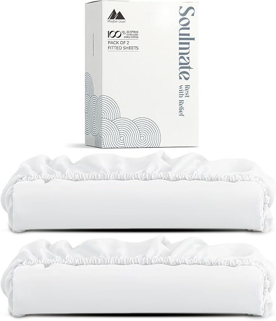 Mayfair Linen 100% Egyptian Cotton Fitted Sheet Twin Size Pack of 2 - Luxury 500 Series Soulmate Collection Deep Pocket Twin Fitted Sheet Only (White), Soft, Cooling Elasticized Bottom Sheets