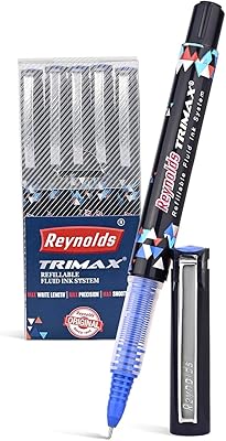Reynolds TRIMAX BLUE - 5 COUNT | Roller Ball Ink Pen set With Comfortable Grip | Pens For Writing | School and Office Stationery | 0.5mm Tip