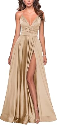 Tvuyet Satin Bridesmaid Dresses with Slit Pleated A Line Spaghetti Straps Formal Prom Evening Gowns
