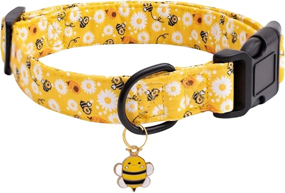 Soft Adjustable Dog Collar,Dog Collar with Colorful Flowers Printed (Yellow Bee, M(Neck 32-55cm,Width 2cm))