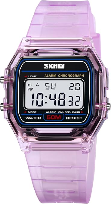 CARLIEN Womens Digital Multifunction EL Light Fashion Sport Watch Water Resistant Transparent Case Alarm Stopwatch Back Light Date Calendar Week Display TPU Strap Lightweight Ladies Wristwatch