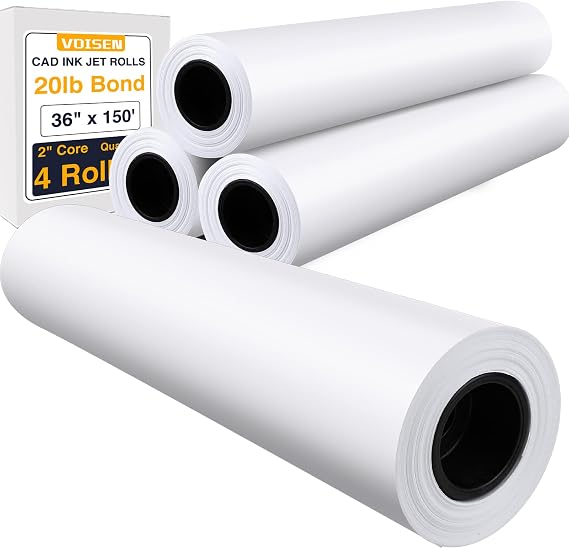 VOISEN Wide Format Paper,4 Rolls Plotter Paper 36 In x 150 Ft, CAD Bond Rolls,20lb,Bond Paper on 2" Core for CAD Printing on Wide Format Ink Jet Printers