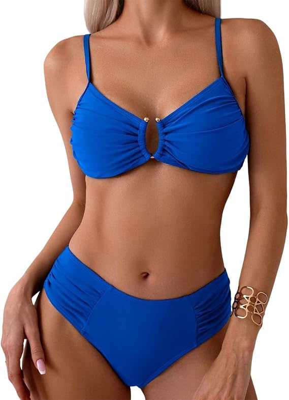 Tainehs Two Piece Swimsuits for Women Bikini Sets Ruched V Neck Mid Rise Back Hook Bathing Suit