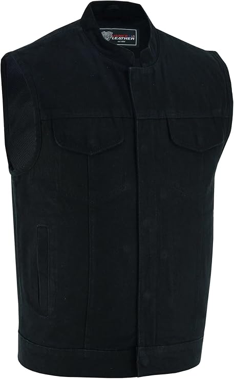 Men's Riding Denim Vest Concealed Snap Closure, Denim Material, Scoop Collar & Hidden Zipper