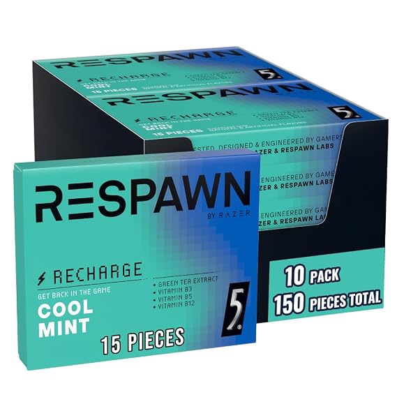 RESPAWN BY RAZER Recharge Gum, Cool Mint, Sugar-Free, 10-Pack Bulk | Bulk gum packs with B vitamins and green tea extract, for gaming, office workers, and study sessions while freshening breath