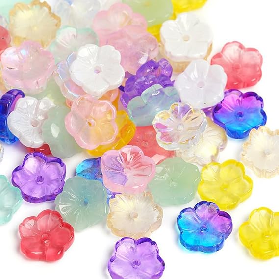 100pcs Random Glass Aesthetic Flower Beads - 5-Petal Floral Caps, Colorful Charms, Cherry Blossom Spacers for DIY Jewelry, Bracelet, Necklace Craft Making