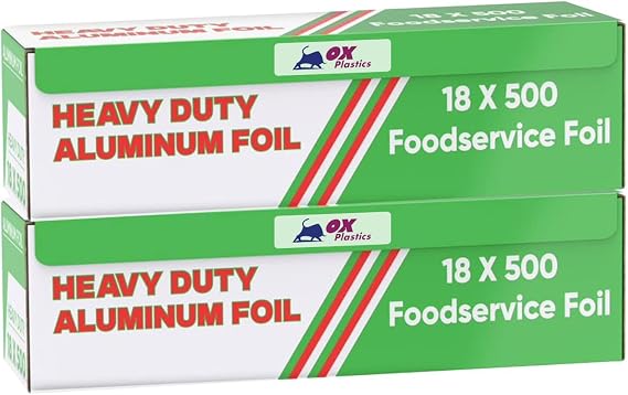 Ox Plastics Freedom Aluminum Foil Wrap | Heavy-Duty, Commercial Grade for Food Service Industry | Silver Foil for Cooking, Roasting, Baking, BBQ & Parties | 22 Microns,18"x 500 Feet (2 Pack)
