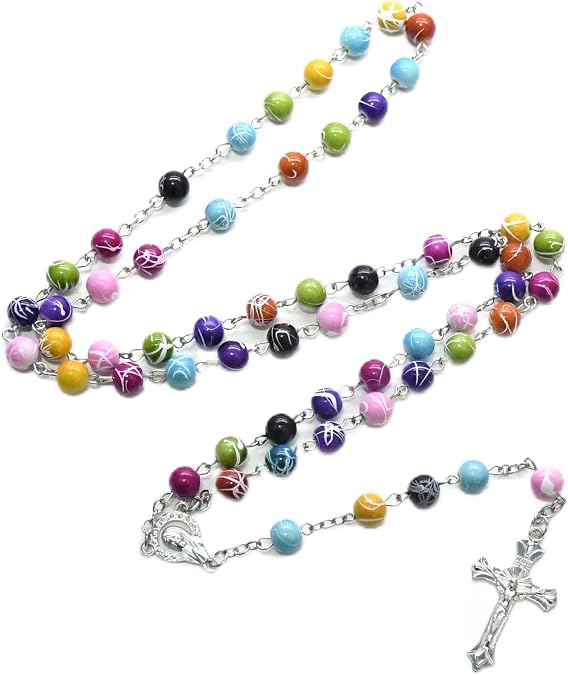 Handmade Multicolor Prayer Beads Necklace,0.31 Inch MixedColor Beaded Chain with Alloy Cross Pendant,Unisex Devotional Religious Jewelry (colors)