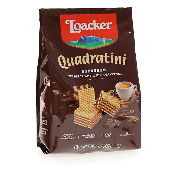 Loacker Quadratini Espresso bite-size Wafer Cookies| LARGE Pack of 1 | Crispy Wafers with 4 creamy layers of finest Espresso cream filling | great for snacks & desserts No artificial flavorings, added colors or preservatives | 7.76 oz