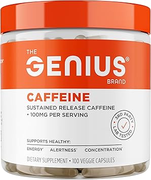 Genius Caffeine - Sustained-Release Microencapsulated Caffeine Pills for Smooth, Long-Lasting Energy & Focus - No Jitters or Crash - 100mg per Capsule - 100 Servings - Natural Performance Booster