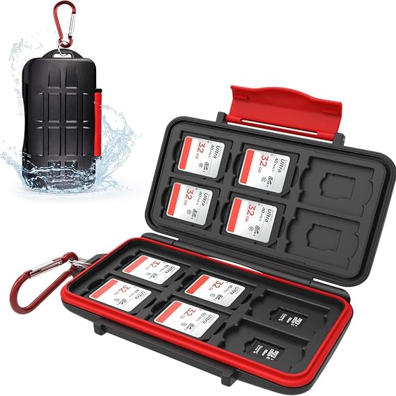 Kiorafoto 24 Slots Memory Card Case for SD Micro SD TF,IPX5 Water-Resistant | Anti-Shock,Memory Card Holder for 12 MicroSD SDXC SDHC TF & 12 SD SDXC SDHC Cards,Hard Shell with Rubber Interior & Carabiner