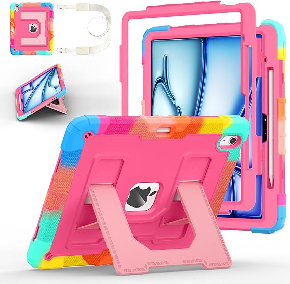 Case for iPad Air 13 Inch Case M4 2026/M3 2025/ M2 2024, Ubearkk for iPad Air 13 Inch Case M4 2026 Case Fully-Body Rugged Shockproof Cases with Large Kickstand Pen Holder Shoulder Strap, Colorful Pink