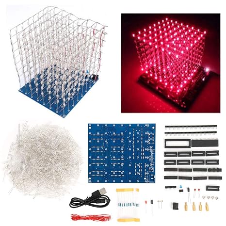 LED Cube, 3D LED Light Squared Kit 8 x 8 x 8 Cube Blue Red DIY Hand Made Gift Home Decoration(RED)