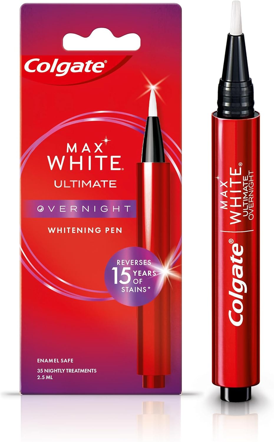 Colgate Max White Ultimate Overnight Teeth Whitening Pen, Reverses 15 Years of Stains 2.5ml, 1 Pack, 35 Nightly Treatments