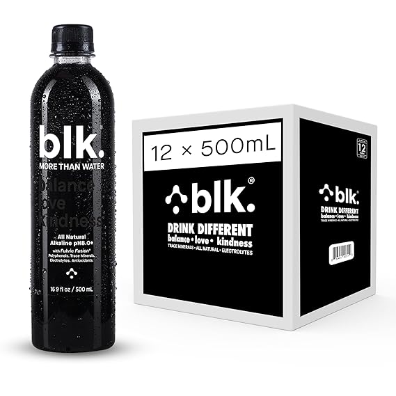 blk. Natural Mineral Alkaline Water, 16.9 oz. 500 mL, 12 Pack, 8 pH Water, Bioavailable Fulvic & Humic Acid Extract, Trace Minerals, Electrolytes to Hydrate, Repair & Restore Cells