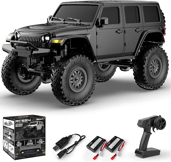 RACENT 1/24 RC Crawler, 4WD Remote Control Truck for Beginners & Adults | Off-Road Monster Truck, Rock Climbing, LED Light, Waterproof, Hobby Grade, 2 Batteries, Black