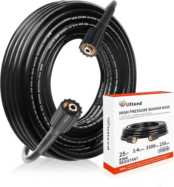 1/4 Pressure Washer Hose 25FT M22-14, 3600psi,Quick Connect,360 Swivel,Kink-resistant,Suit for Main Pressure Washer,Black