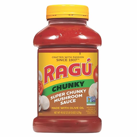 Ragu Chunky Super Chunky Mushroom Pasta Sauce with Hearty Mushrooms, Diced Tomatoes, and Italian Herbs and Spices, 45 OZ