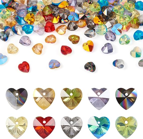 100Pcs Heart Faceted Glass Beads Transparent Crystal Love Heart Spacer Beads 10x10mm 10 Colors for Earrings Necklace Bracelet Jewelry Making Crafts