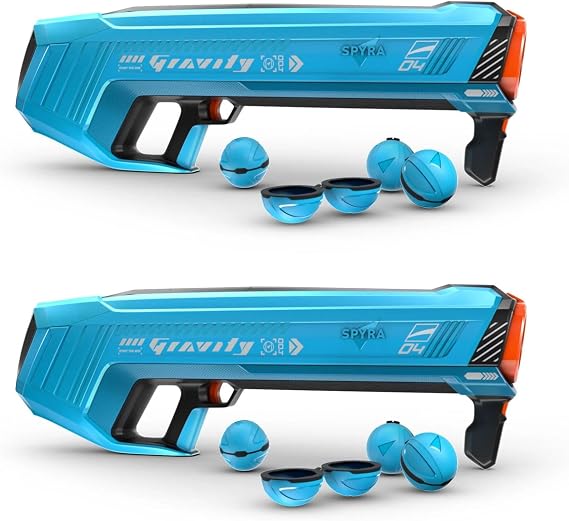 SPYRA 2 Pack Powerful Electric Water Bomb Launcher, Summer Toy with 4 Reusable Water Bombs, LED Display, and 52 Foot Range, SpyraGravity, Blue