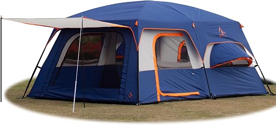 KTT Extra Large Tent 12-14 Person,Family Cabin Tents,2 Bay-Windows,2 Rooms and 3 Doors 3 Windows with Mesh,Waterproof,Straight Wall,Double Layer,Big Tent for Outdoor,Picnic,Camping