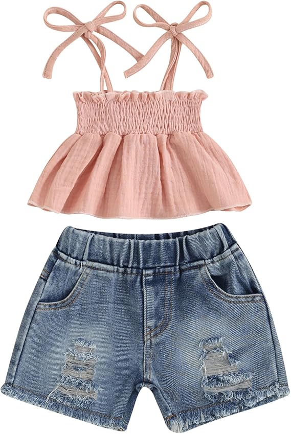 Mubineo Toddler Baby Girl Summer Clothes Denim Outfits Jeans Shorts Sleeveless Tops Ripped Shorts Set Outfit